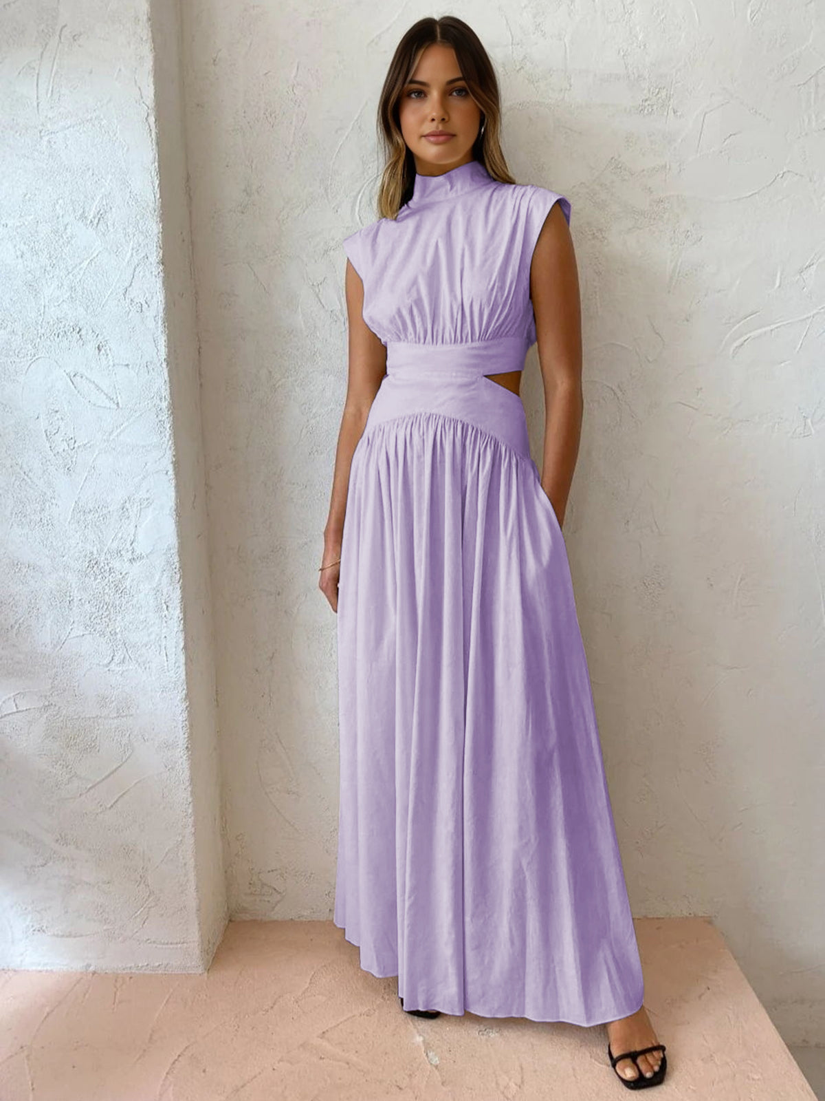 Mock Neck Sleeveless Waist Cutout A-Line Maxi Dress