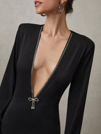 Aloisia Boutique Sparkling V Neck Short Dress with Rhinestone Bow Premium Wardrobe Essential