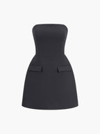 Strapless Square Neck Flap Pocket Structured Bodycon Mini Dress