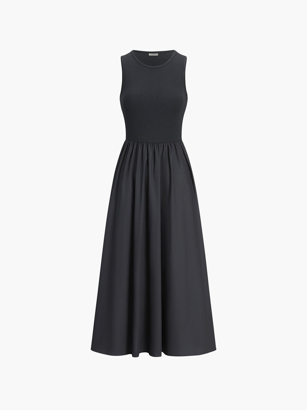 Crew Neck Long Sleeve Gathered Waist Pleated A-Line Midi Dress