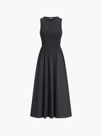 Crew Neck Long Sleeve Gathered Waist Pleated A-Line Midi Dress