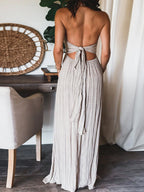 Pleated Stripe Spaghetti Strap Deep V-Neck Ruffle Trim Maxi Dress