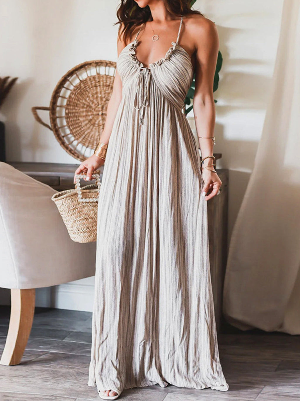 Pleated Stripe Spaghetti Strap Deep V-Neck Ruffle Trim Maxi Dress