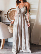 Pleated Stripe Spaghetti Strap Deep V-Neck Ruffle Trim Maxi Dress