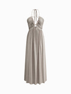 Pleated Stripe Spaghetti Strap Deep V-Neck Ruffle Trim Maxi Dress