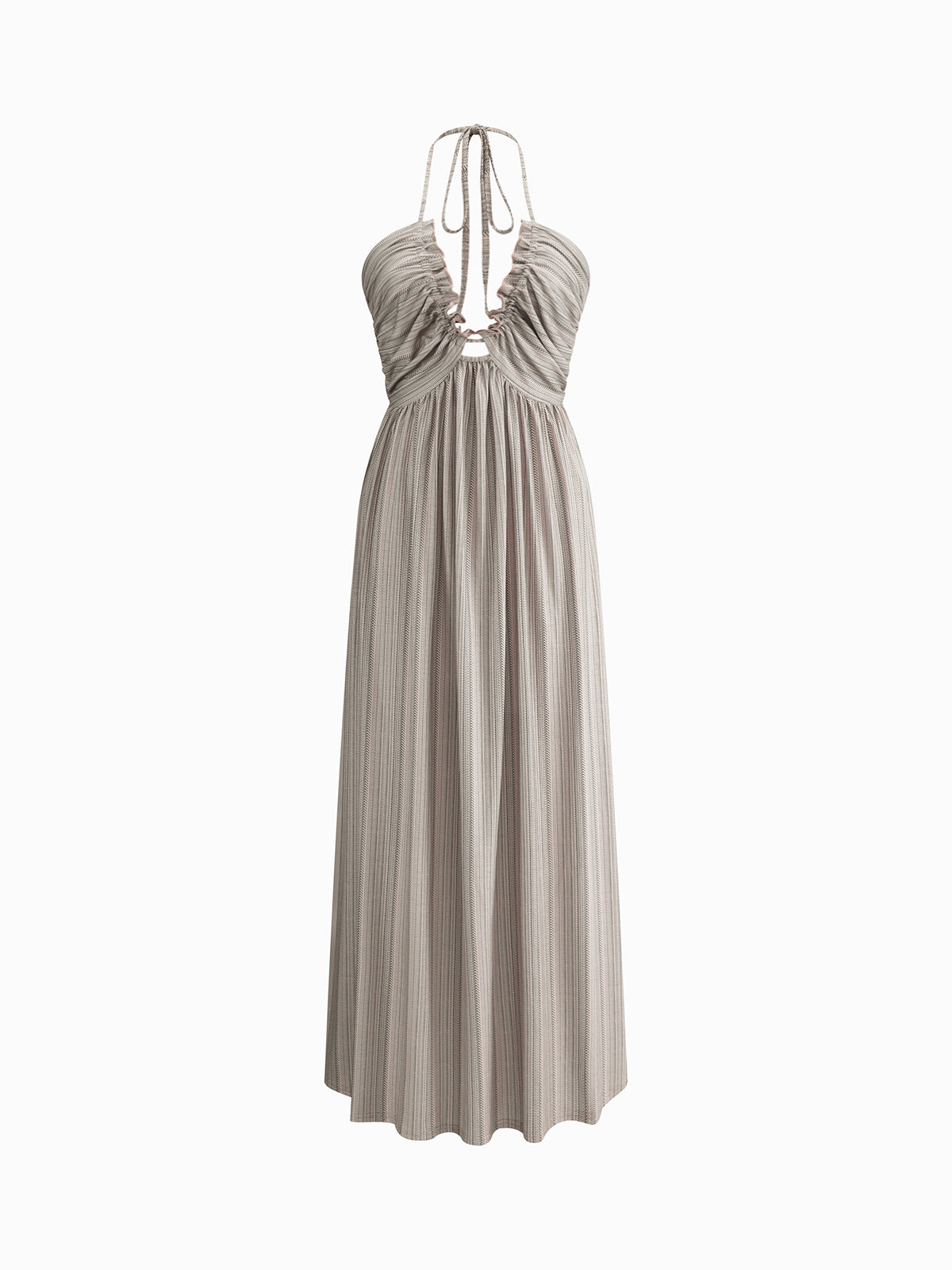 Pleated Stripe Spaghetti Strap Deep V-Neck Ruffle Trim Maxi Dress