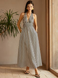 Stripe Halter Deep V Neck Cinched Waist Pocket Maxi Dress