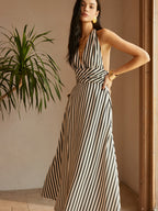 Stripe Halter Deep V Neck Cinched Waist Pocket Maxi Dress