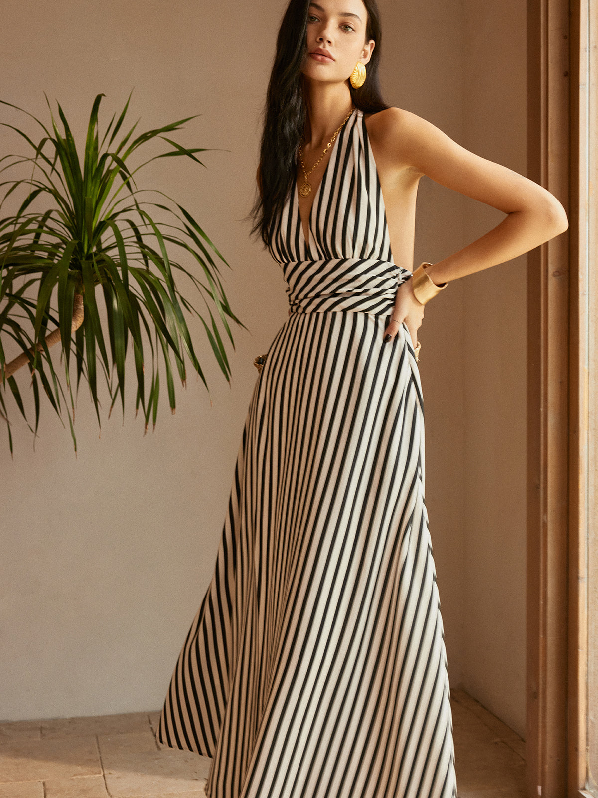 Stripe Halter Deep V Neck Cinched Waist Pocket Maxi Dress