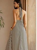 Stripe Halter Deep V Neck Cinched Waist Pocket Maxi Dress