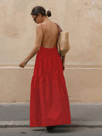 Backless Spaghetti Strap Elastic Waist Tiered Maxi Dress