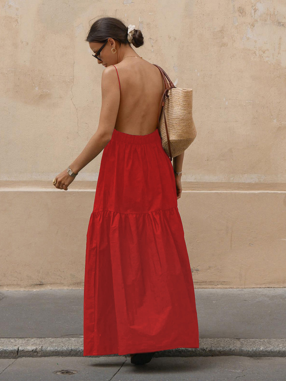 Backless Spaghetti Strap Elastic Waist Tiered Maxi Dress