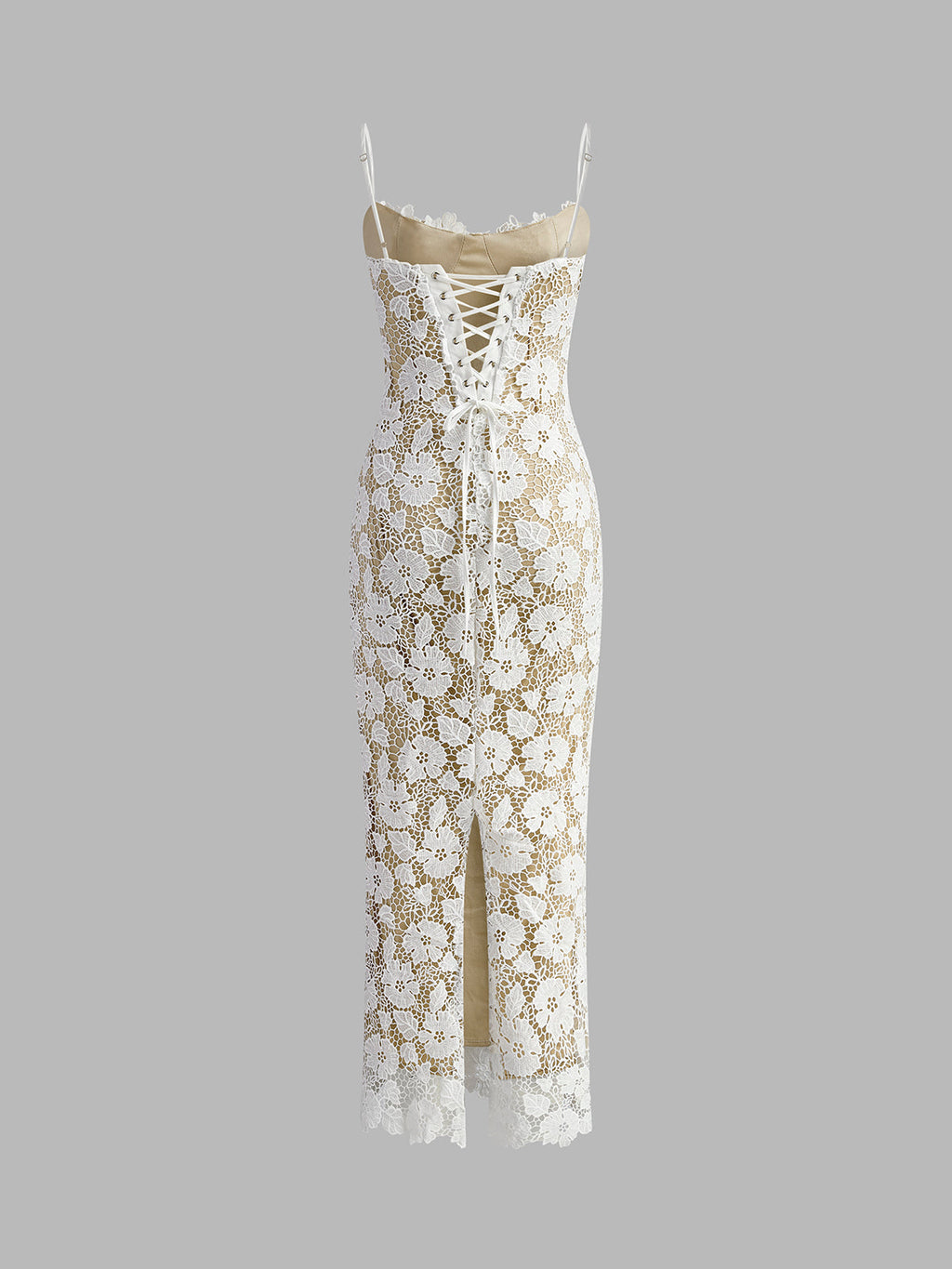 Spaghetti Strap Floral Lace Scalloped Hem Sheer Overlay Maxi Dress