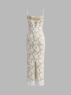Spaghetti Strap Floral Lace Scalloped Hem Sheer Overlay Maxi Dress