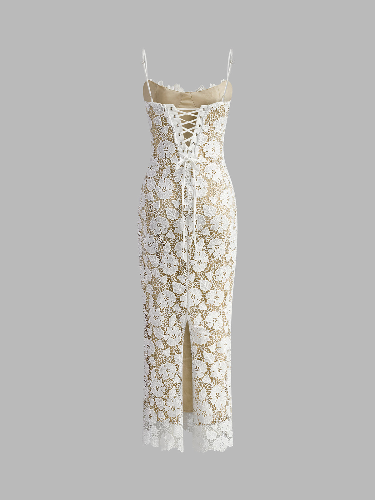 Spaghetti Strap Floral Lace Scalloped Hem Sheer Overlay Maxi Dress