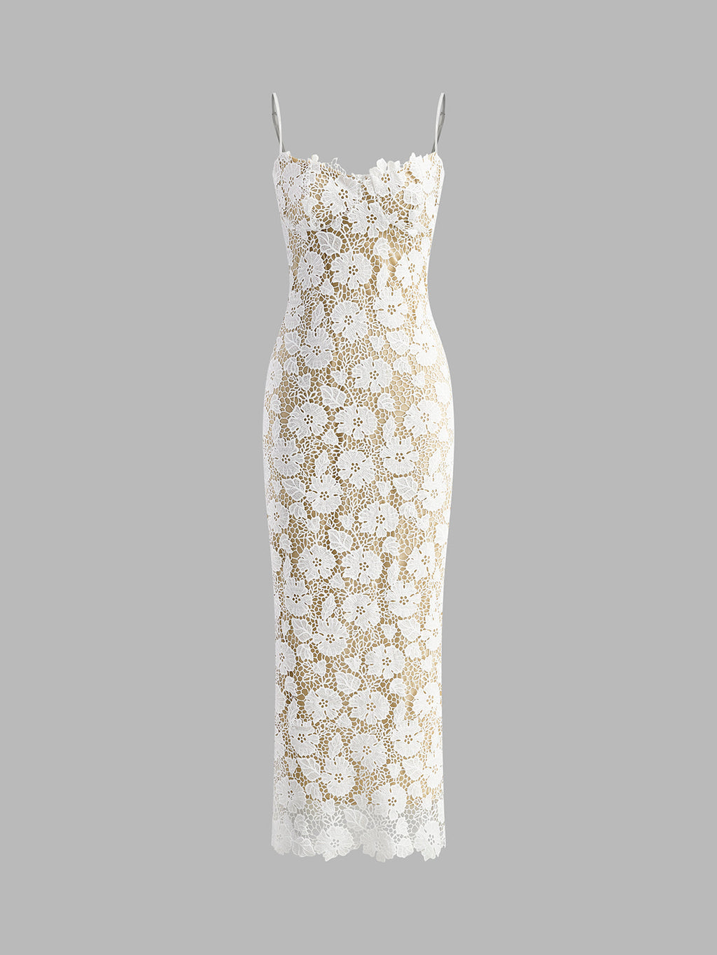 Spaghetti Strap Floral Lace Scalloped Hem Sheer Overlay Maxi Dress