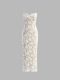 Spaghetti Strap Floral Lace Scalloped Hem Sheer Overlay Maxi Dress