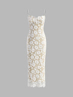 Spaghetti Strap Floral Lace Scalloped Hem Sheer Overlay Maxi Dress