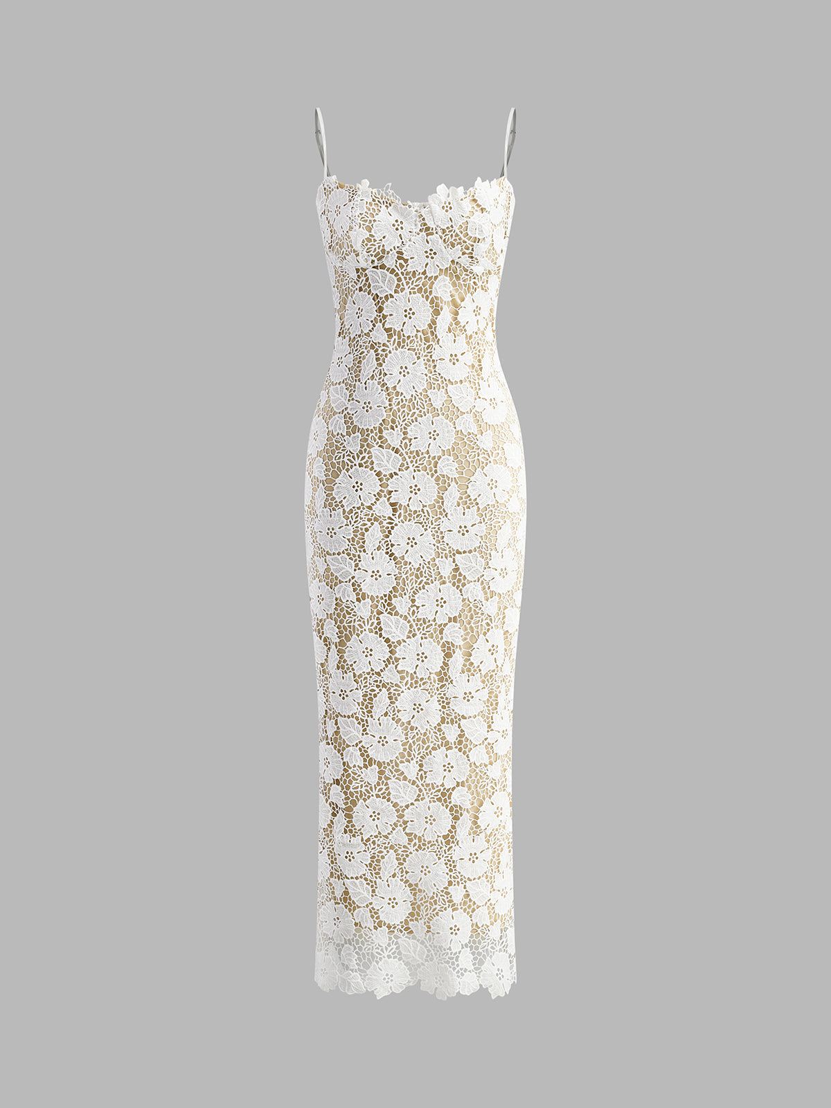 Spaghetti Strap Floral Lace Scalloped Hem Sheer Overlay Maxi Dress