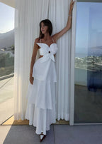 Spaghetti Strap 3D Flower Applique Side Cutout Tiered Midi Dress