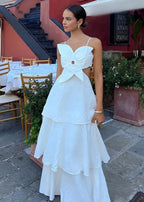 Spaghetti Strap 3D Flower Applique Side Cutout Tiered Midi Dress