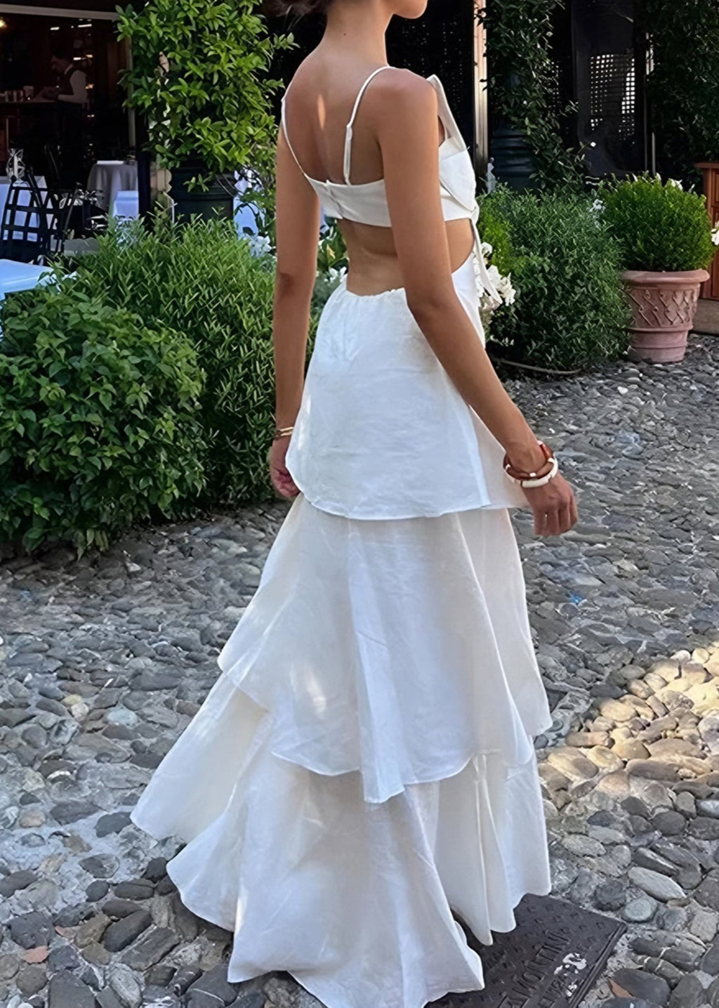 Spaghetti Strap 3D Flower Applique Side Cutout Tiered Midi Dress