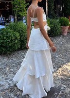 Spaghetti Strap 3D Flower Applique Side Cutout Tiered Midi Dress