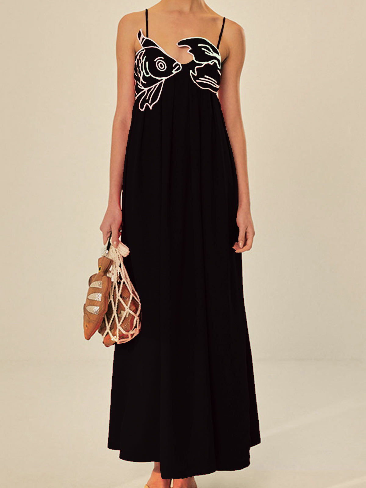 Spaghetti Strap Fish Applique Empire Waist Maxi Dress