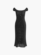 Off Shoulder Eyelet Floral Keyhole Button Side Slit Midi Dress