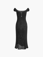 Off Shoulder Eyelet Floral Keyhole Button Side Slit Midi Dress