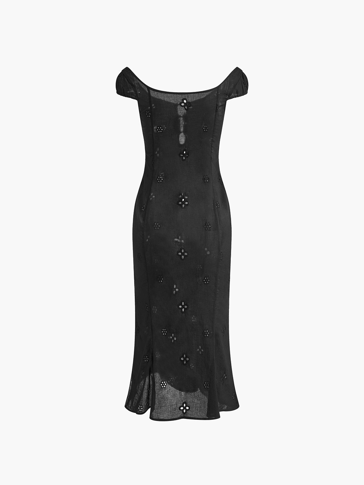 Off Shoulder Eyelet Floral Keyhole Button Side Slit Midi Dress