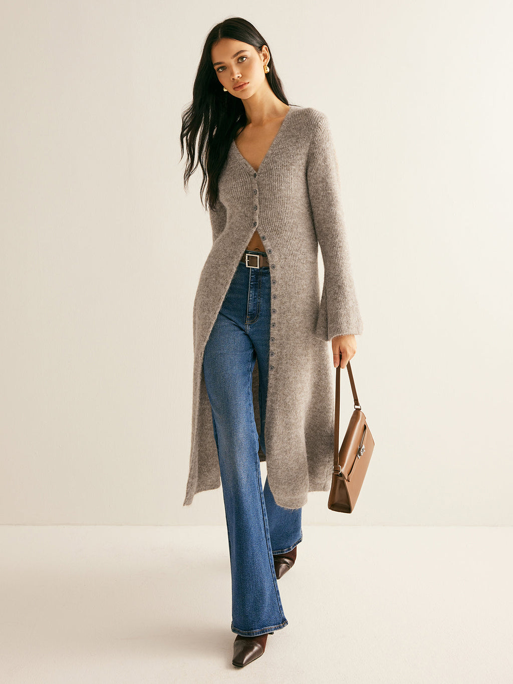 Ribbed Knit Bell Sleeve Button Front Center Slit Sweater Dress