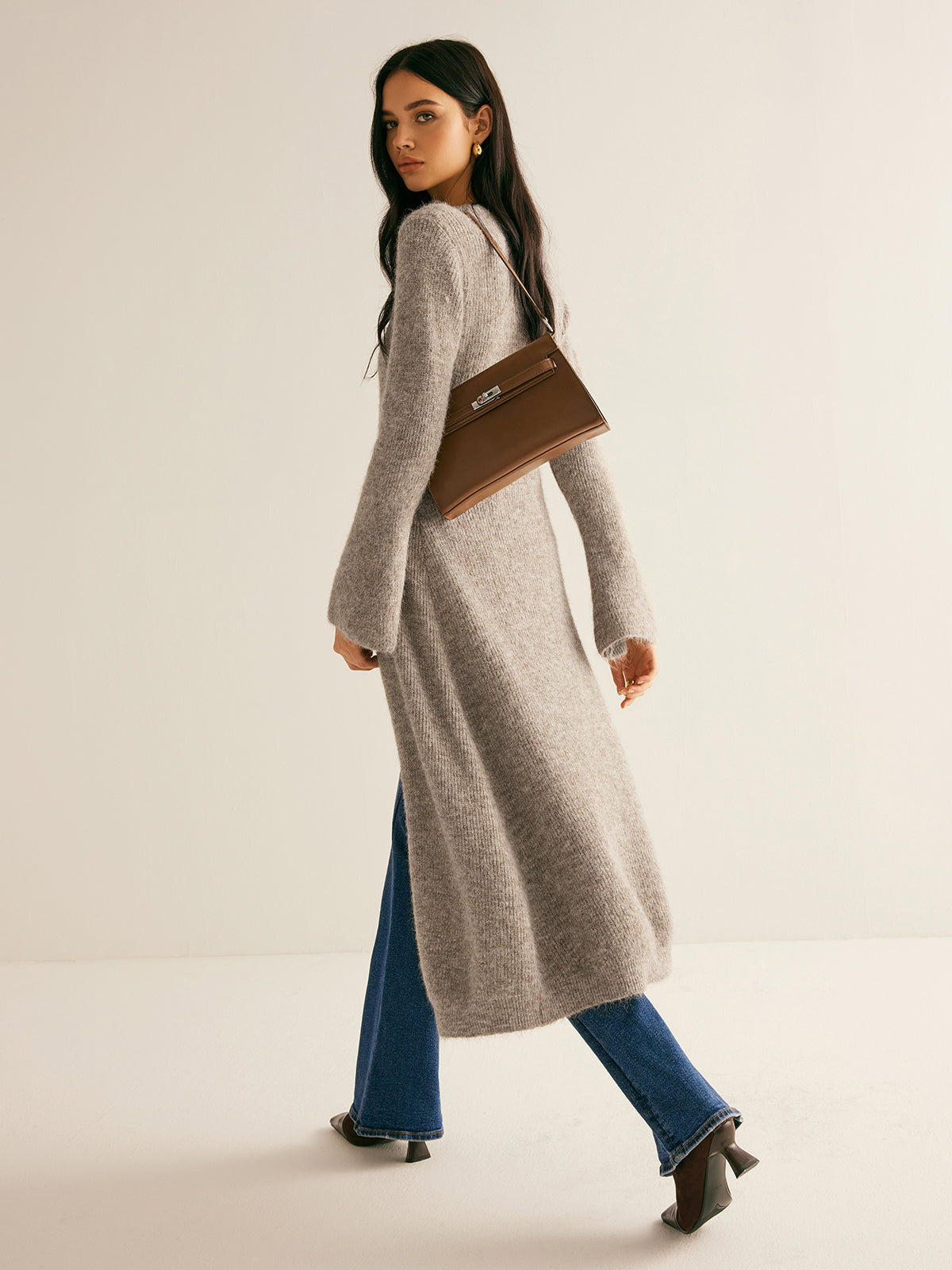 Ribbed Knit Deep V-Neck Button Front Flared Sleeve Longline Sweater Dress