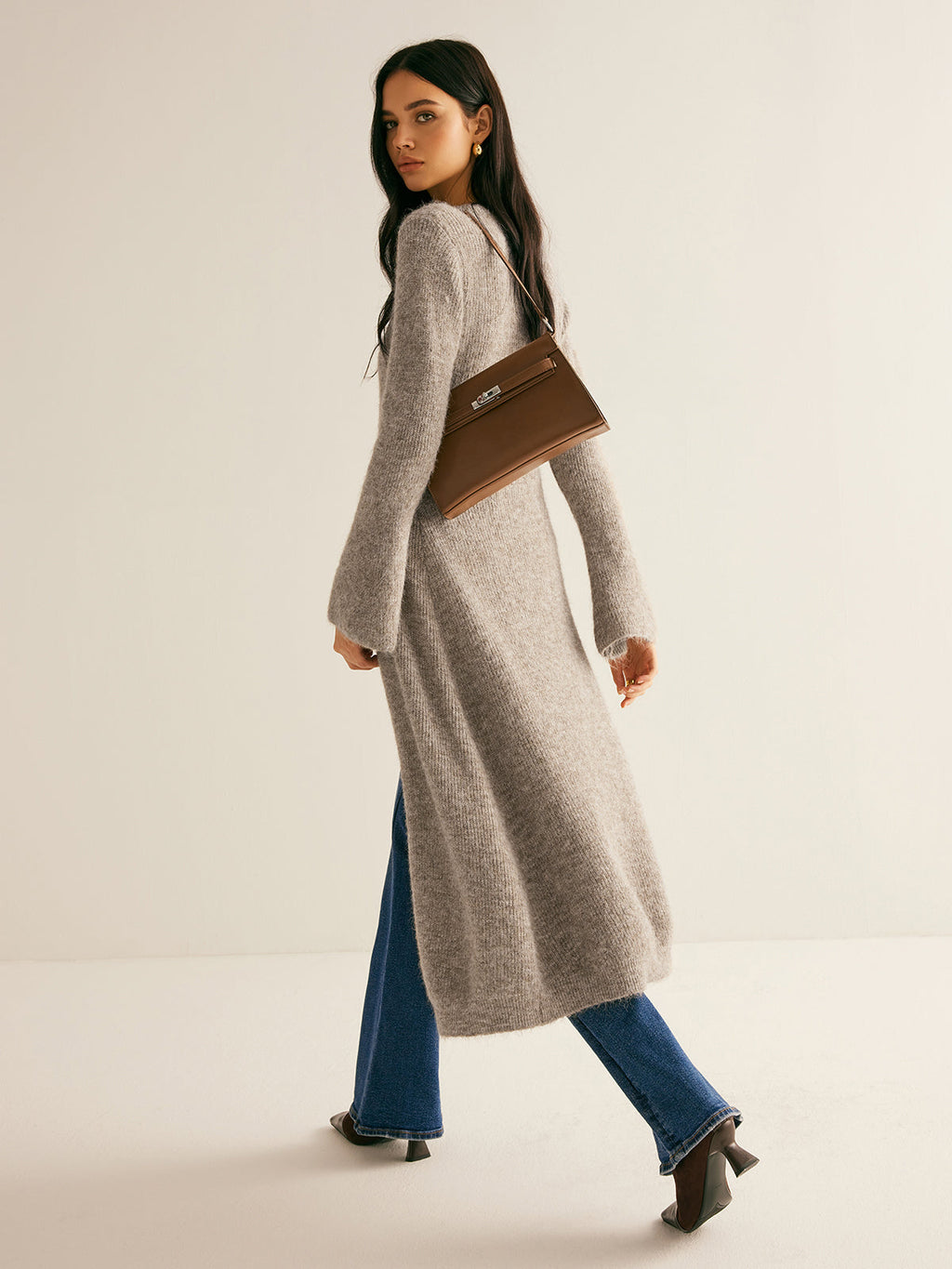 Ribbed Knit Bell Sleeve Button Front Center Slit Sweater Dress