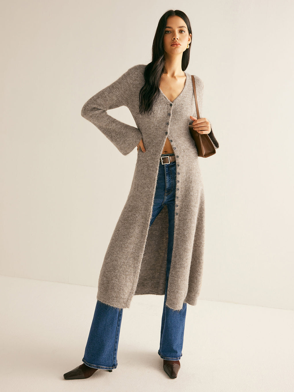 Ribbed Knit Deep V-Neck Button Front Flared Sleeve Longline Sweater Dress