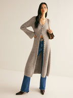 Ribbed Knit Deep V-Neck Button Front Flared Sleeve Longline Sweater Dress