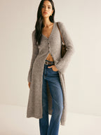 Ribbed Knit Deep V-Neck Button Front Flared Sleeve Longline Sweater Dress