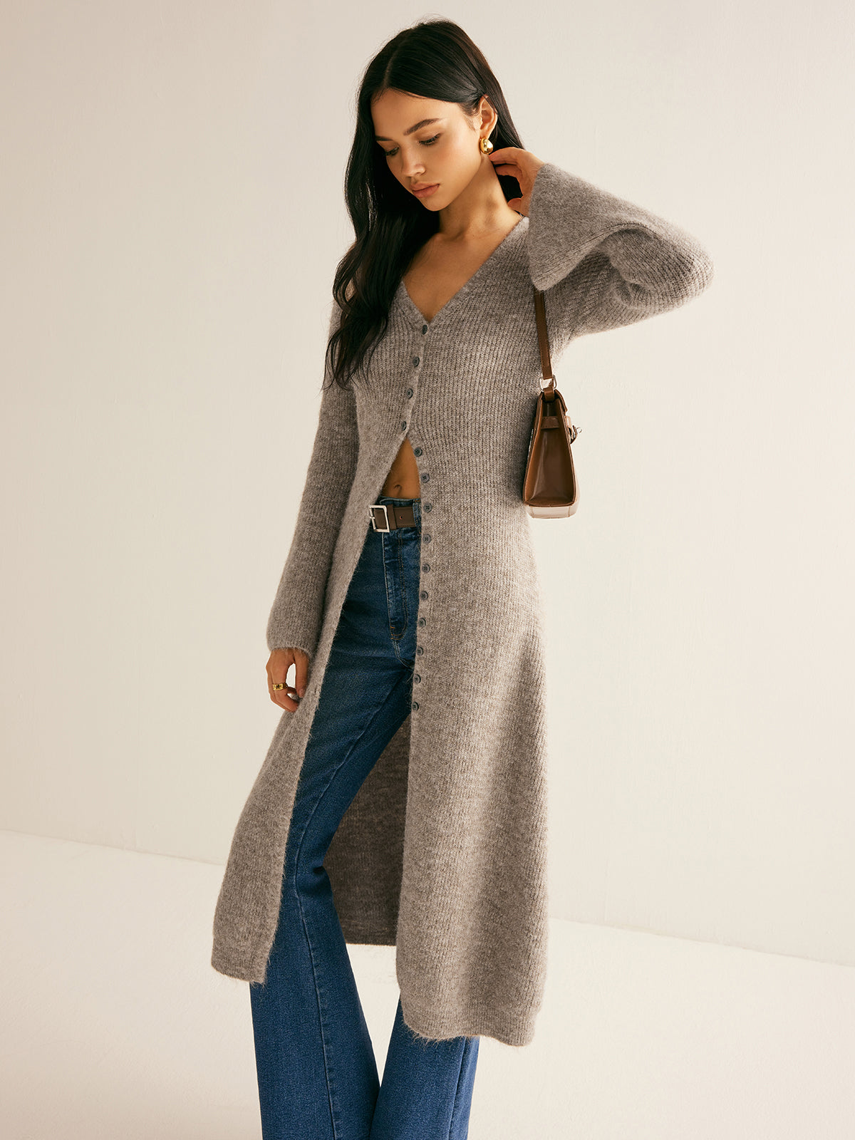 Ribbed Knit Deep V-Neck Button Front Flared Sleeve Longline Sweater Dress