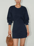 Crew Neck Puff Sleeve Side Cutout Sweatshirt Bodycon Mini Dress