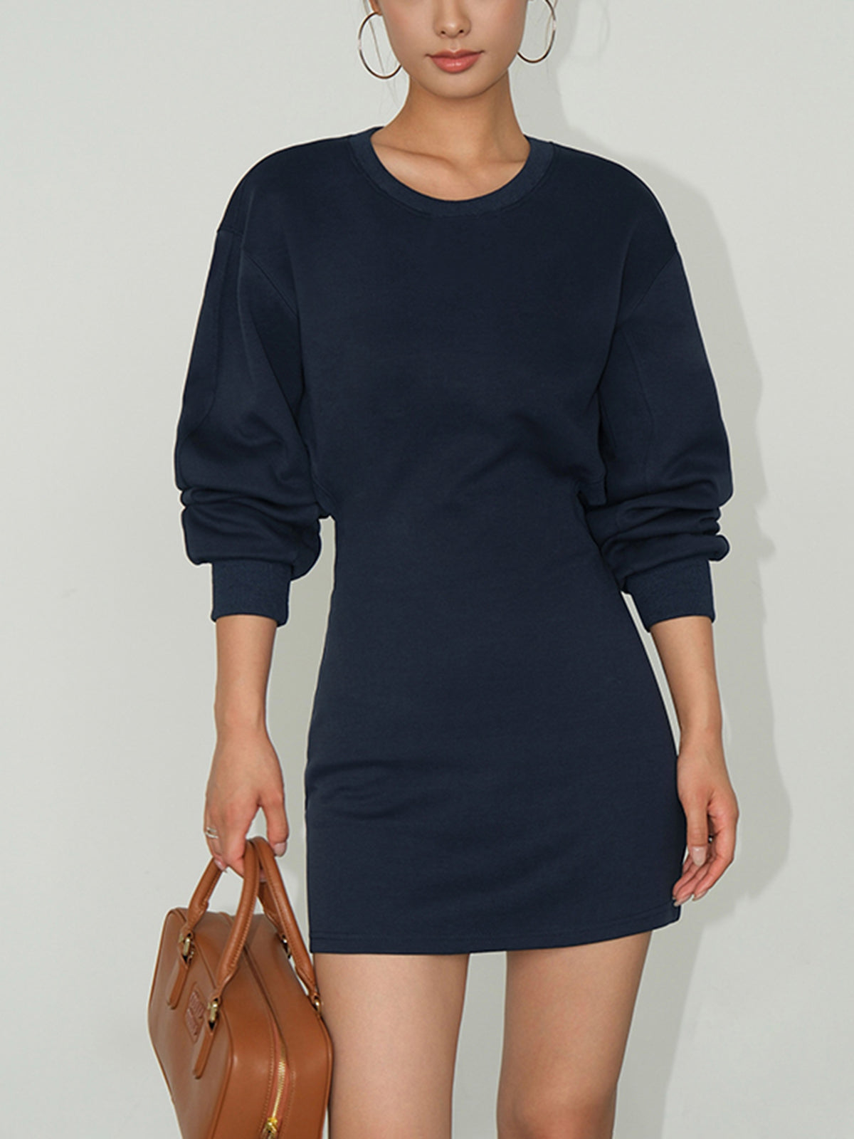 Crew Neck Puff Sleeve Side Cutout Sweatshirt Bodycon Mini Dress
