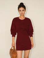 Crew Neck Puff Sleeve Side Cutout Sweatshirt Bodycon Mini Dress