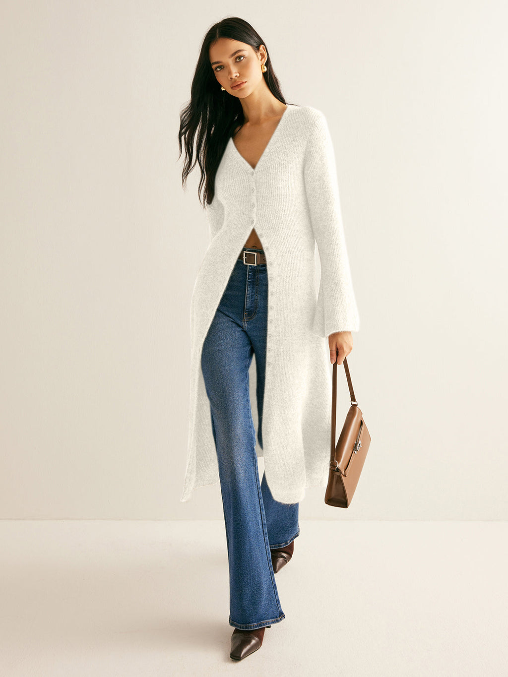 Ribbed Knit Deep V-Neck Button Front Flared Sleeve Longline Sweater Dress