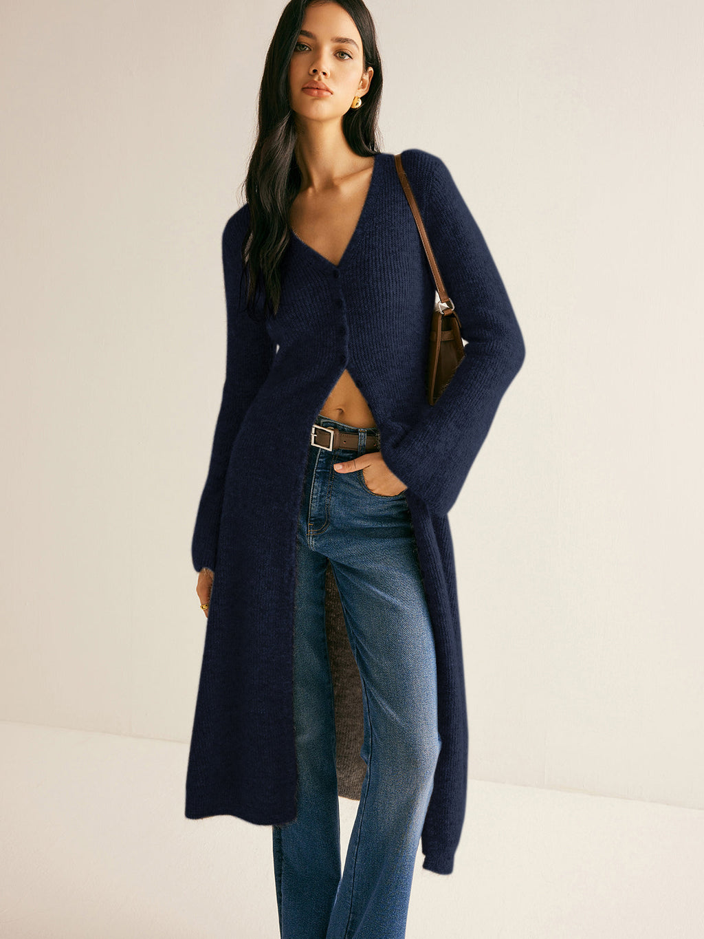 Ribbed Knit Deep V-Neck Button Front Flared Sleeve Longline Sweater Dress