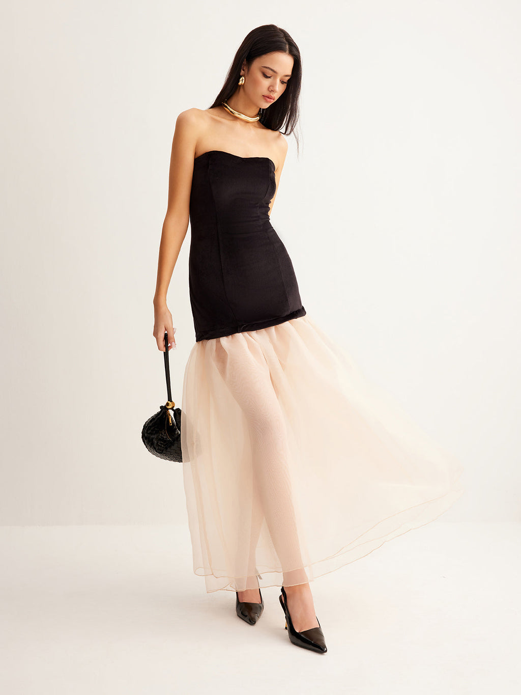 Strapless Velvet Sweetheart Bodice Sheer Tiered Mesh Maxi Dress