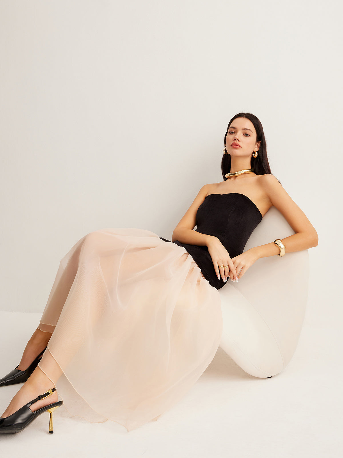 Strapless Velvet Sweetheart Bodice Sheer Tiered Mesh Maxi Dress