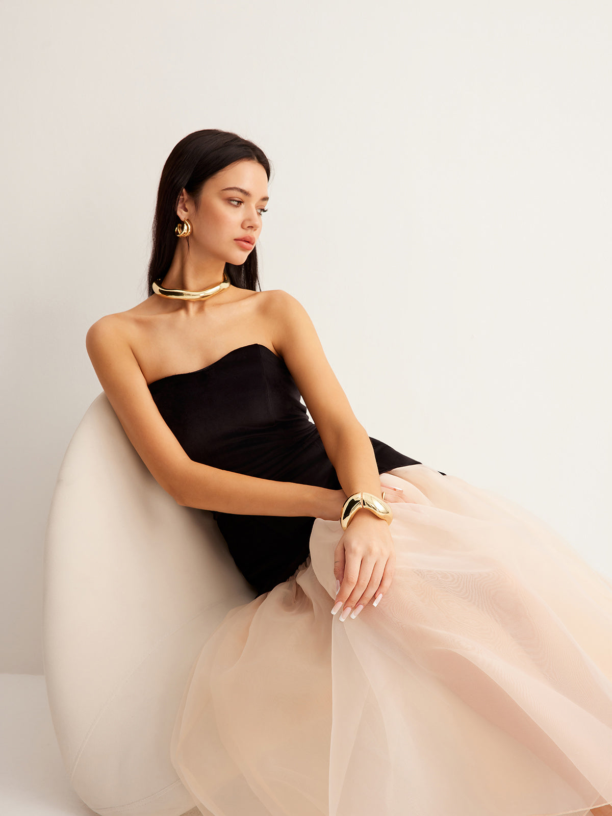 Strapless Velvet Sweetheart Bodice Sheer Tiered Mesh Maxi Dress