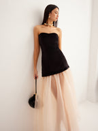 Strapless Velvet Sweetheart Bodice Sheer Tiered Mesh Maxi Dress