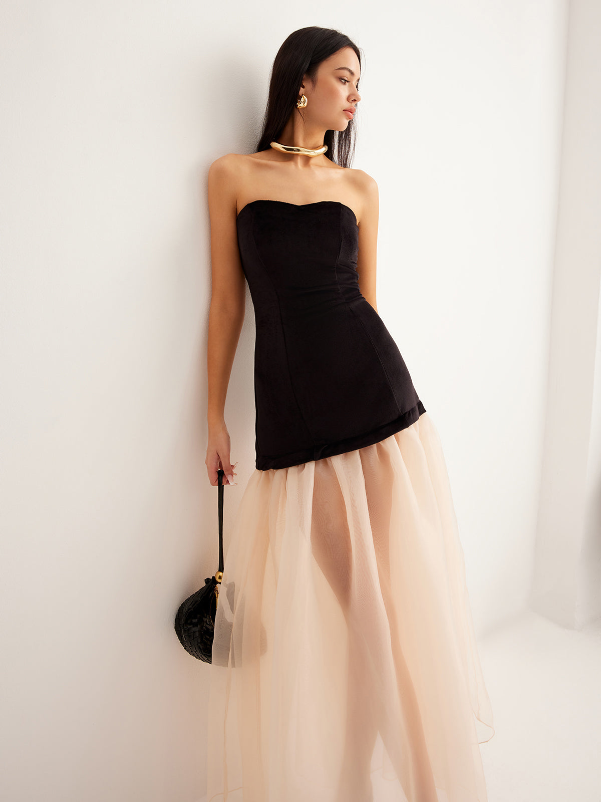 Strapless Velvet Sweetheart Bodice Sheer Tiered Mesh Maxi Dress