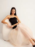 Strapless Velvet Sweetheart Bodice Sheer Tiered Mesh Maxi Dress