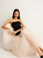 Strapless Velvet Sweetheart Bodice Sheer Tiered Mesh Maxi Dress